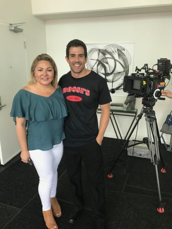 Author Sylvia Day with actor Adrian Gonzalez on the set of Afterburn Aftershock.